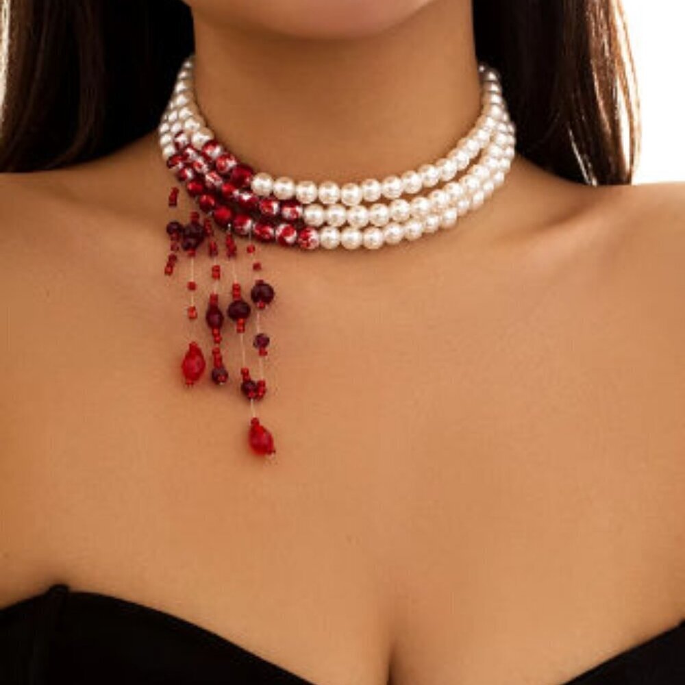 Vampire Bite Elegant Blood Droplets Pearl Collar Dripping Red Crystal Choker